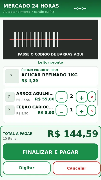 Tela de autoatendimento do PDV24h numa maquininha: leitor de código de barras, itens do carrinho, total a pagar e o botão FINALIZAR E PAGAR.