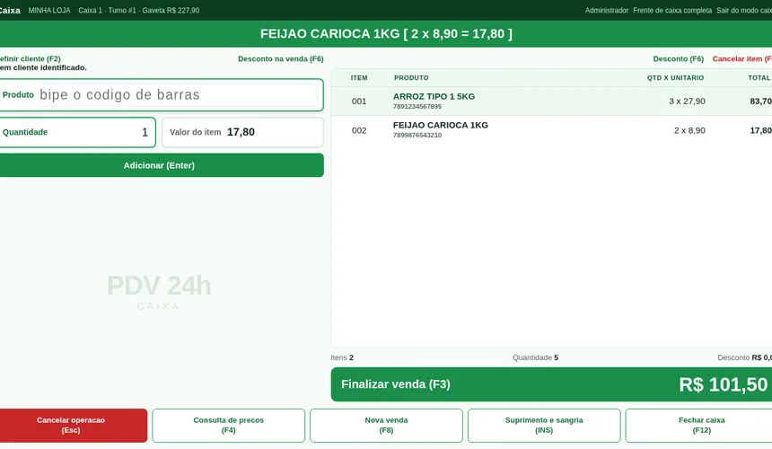 Frente de caixa do ERP: lista de itens bipados, total, formas de pagamento e troco.