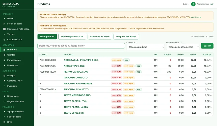 Lista de produtos do ERP com foto, código de barras, preço e saldo em estoque.